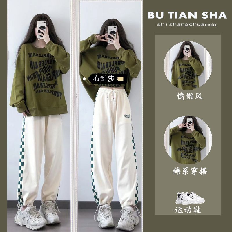 秋冬季一整套綠色印花衛衣女加絨加厚寬鬆慵懶風上衣束腳褲兩件套