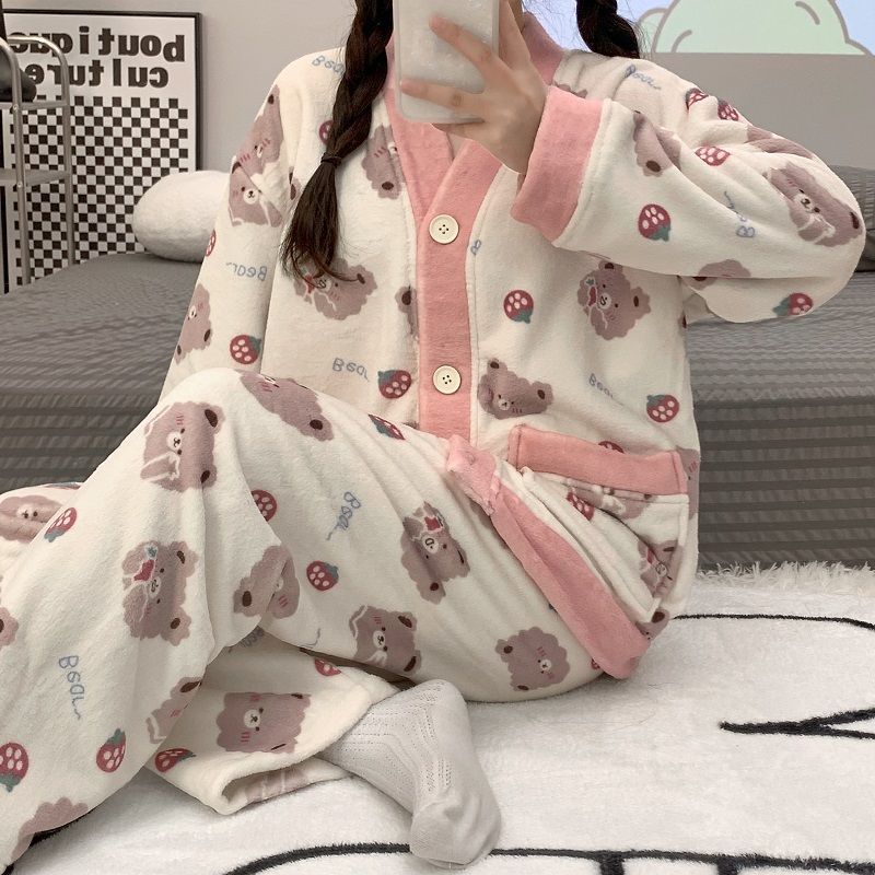 New velvet pajamas women's autumn and winter suits sweet and warm home clothes casual thick flannel simple and can be worn outside