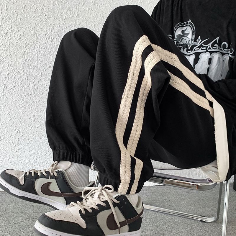 Sports pants men's 2022 new autumn American style high street trendy brand striped sweatpants loose casual nine-point trousers