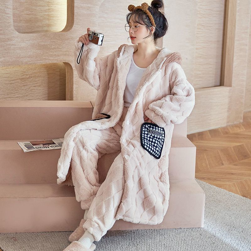 Pajamas women's autumn and winter coral fleece plus velvet thick flannel nightgown 2022 new long home service suit