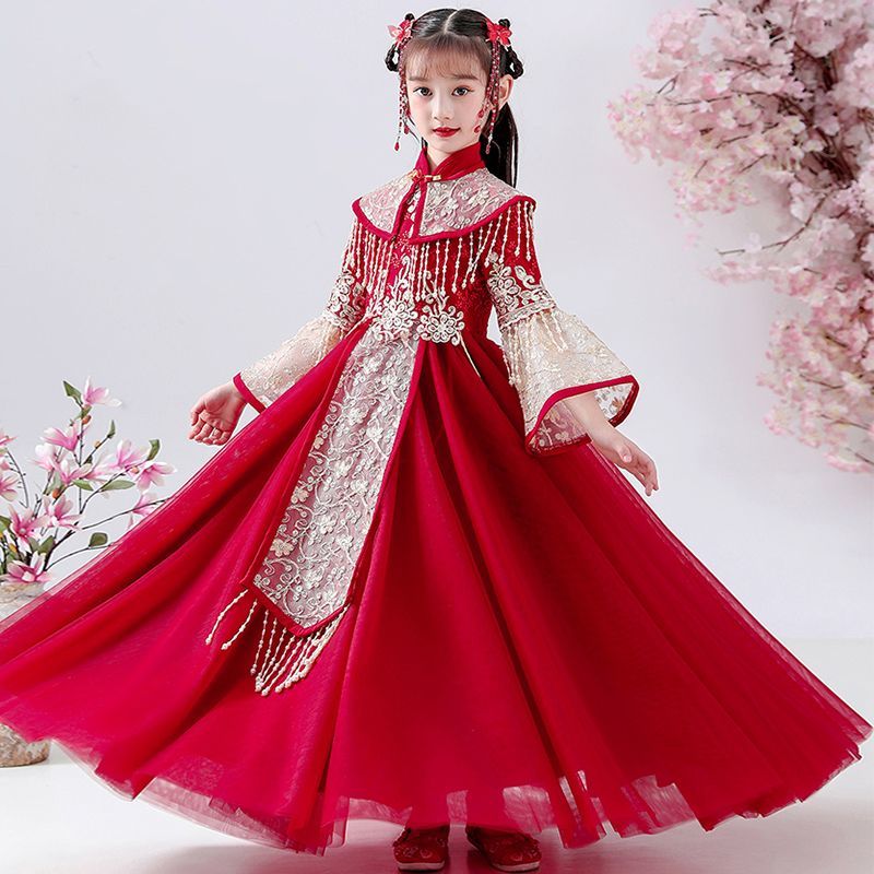 漢服女童冬裝中國風兒童旗袍古風唐裝超仙女孩古裝秋冬紅色拜年服