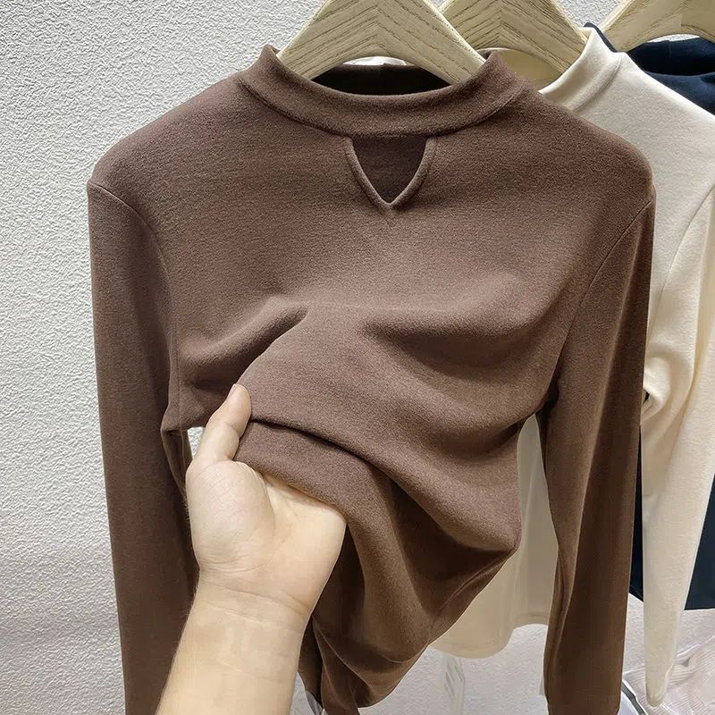 Half turtleneck brushed double-sided German velvet bottoming shirt for women 2023 autumn and winter new style hollow inner with velvet thickened top