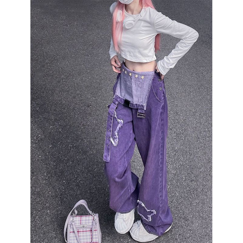 Large size purple denim overalls female fat sister autumn new American retro high waist loose wide leg jumpsuit