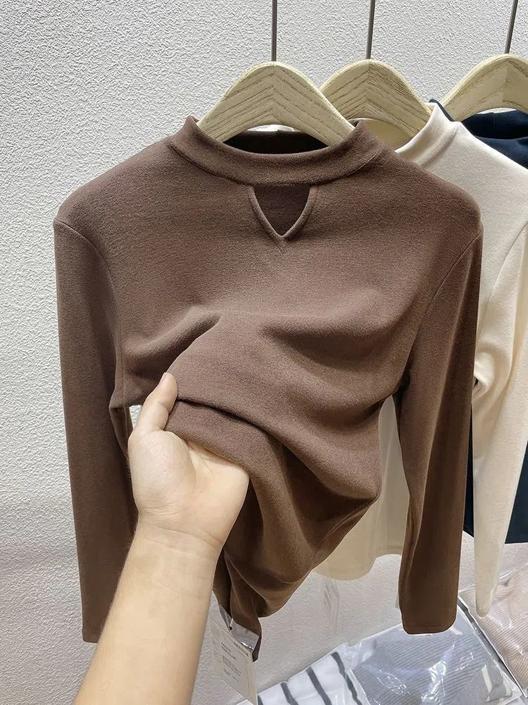 Half turtleneck brushed double-sided German velvet bottoming shirt for women 2023 autumn and winter new style hollow inner with velvet thickened top