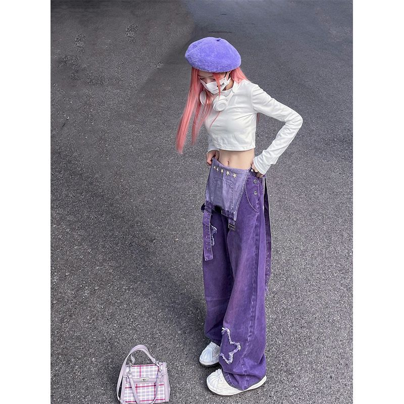 Large size purple denim overalls female fat sister autumn new American retro high waist loose wide leg jumpsuit