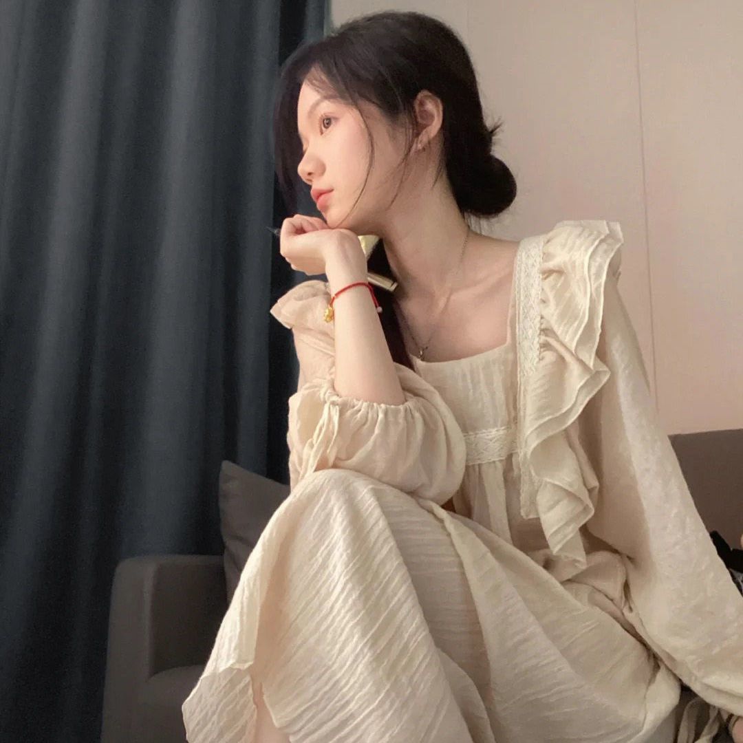 Women's pajamas spring and autumn pure cotton long-sleeved thin section net red ins style high value sweet ruffled leaf edge home service female nightdress