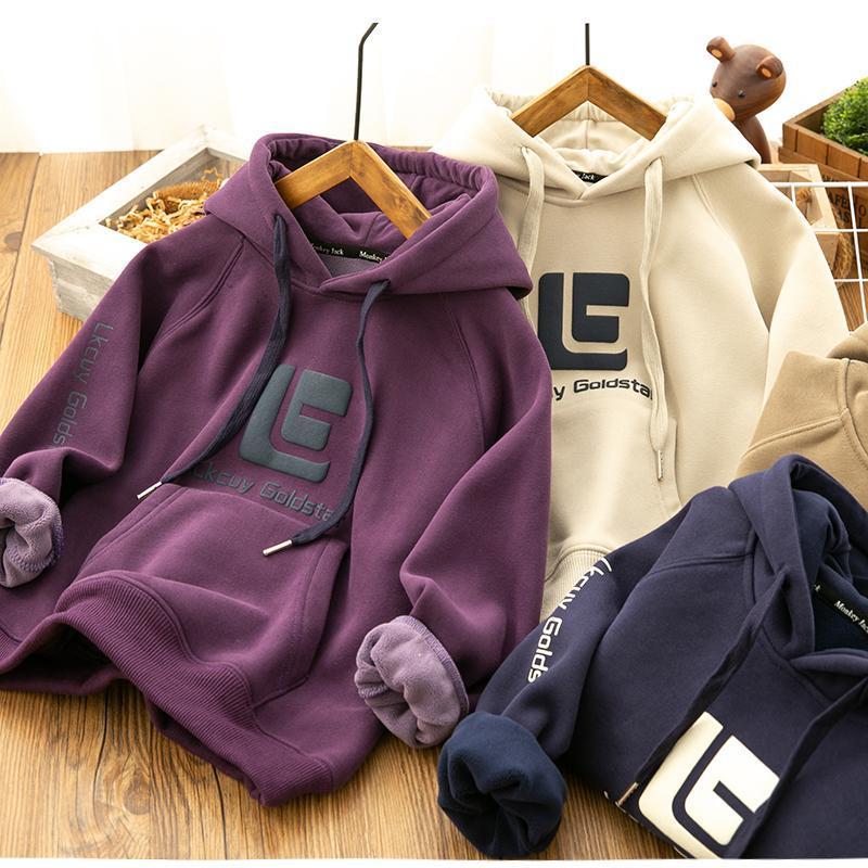 Babyfeet boys' fleece sweater autumn and winter new 2022 middle-aged and older children's hooded thickened top Korean style handsome
