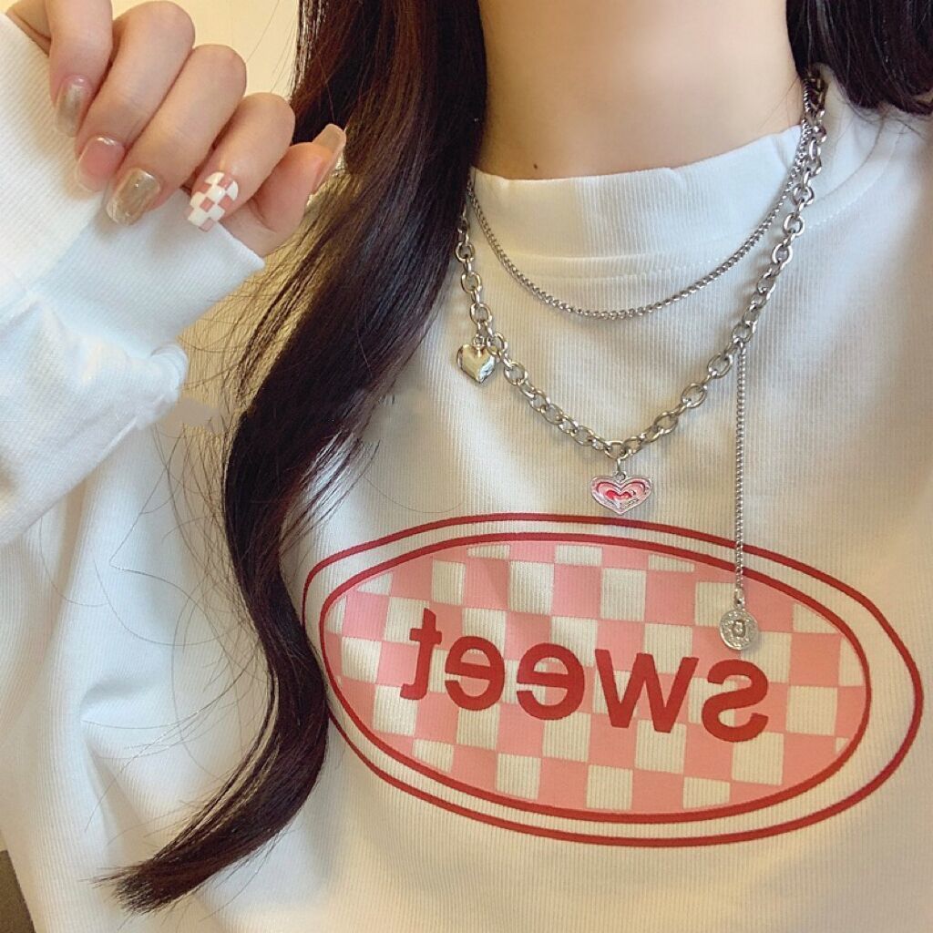 Hip-hop double-layered necklace women's ins clavicle chain trendy brand pink love pendant personalized sweater chain sweatshirt chain