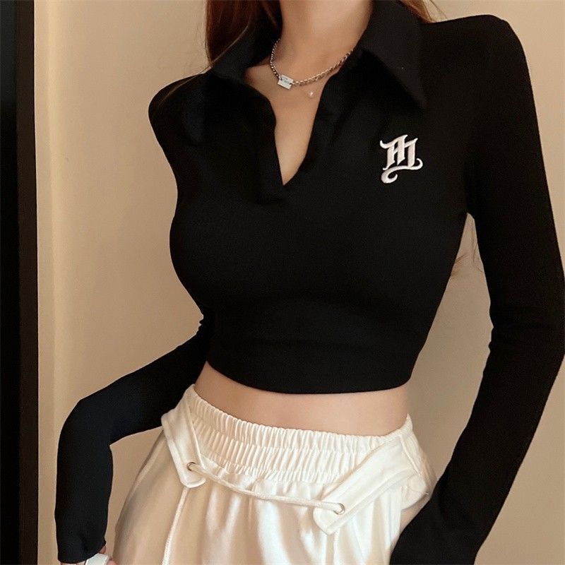 Autumn and winter new polo collar tight-fitting hot girl top long-sleeved small temperament short section exposed navel Slim T-shirt female tide