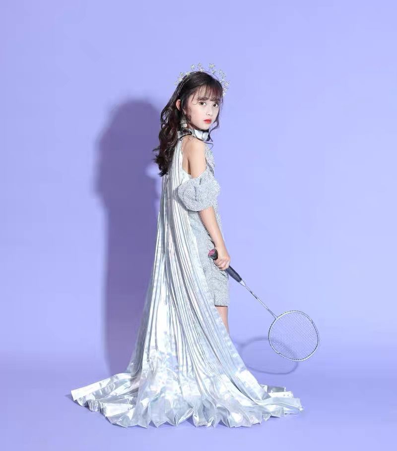 Girls Silver Sequin Camisole Dress With Cape For Performance_voghion.com