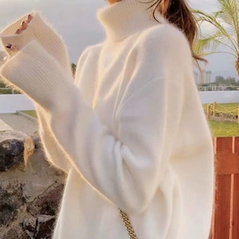 秋冬日系溫柔高領毛衣女2023寬鬆顯瘦套頭慵懶風針織衫百搭上衣