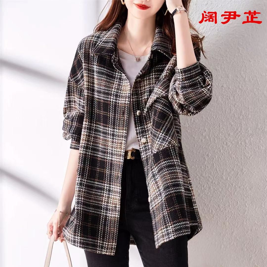 中長款格紋長袖襯衣女2022春秋新款港風休閒加厚磨毛格子上衣外套