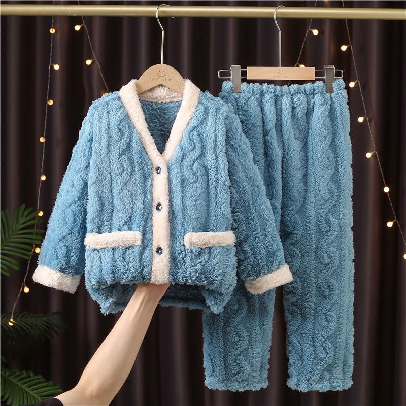 儿童法兰绒家居服冬季加厚纯色洋气两件套宝宝长毛绒保暖睡衣套装