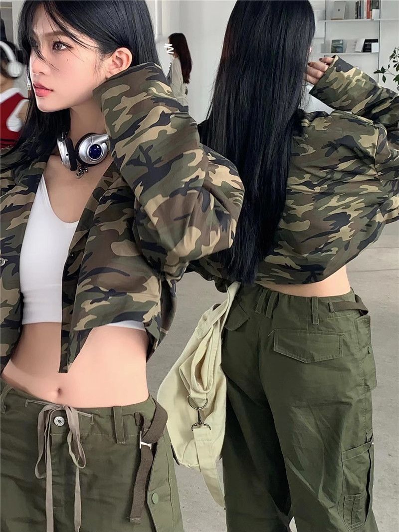 American retro sweet and cool design sense camouflage small jacket female spring hot girl short tooling jacket chic top