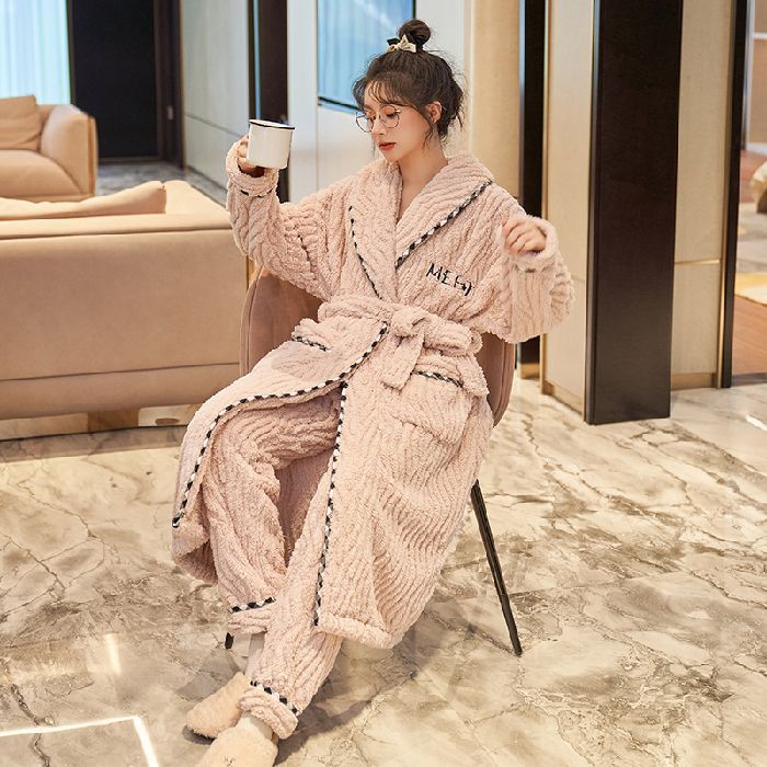 Pajamas women's autumn and winter coral fleece plus velvet thick flannel nightgown 2022 new long home service suit