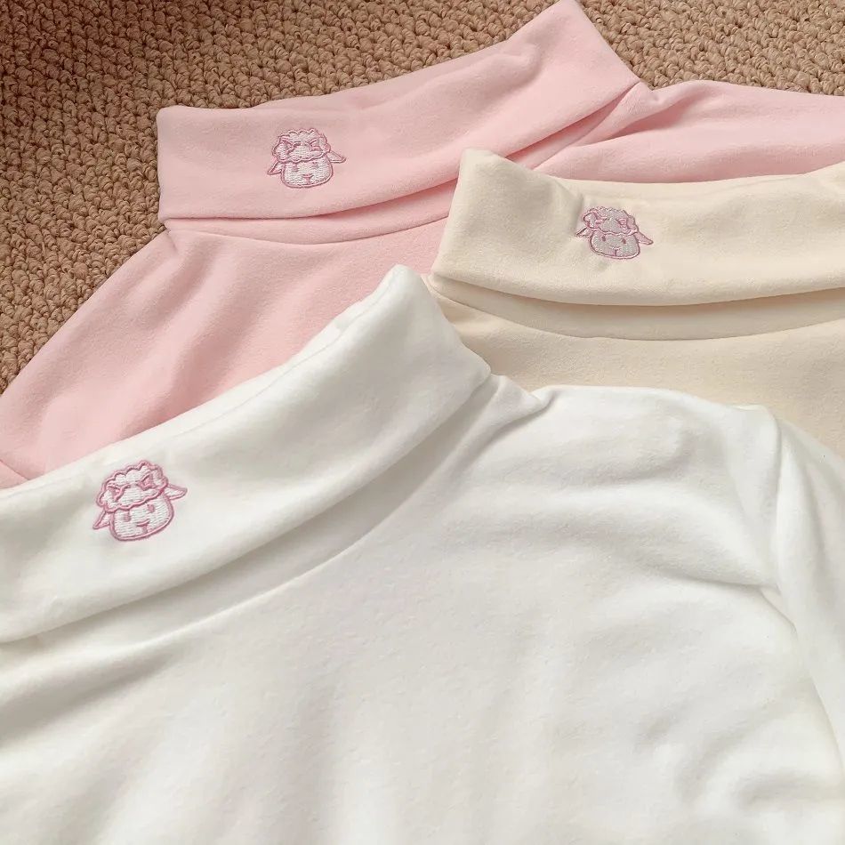 打底衫高領德絨內搭小羊刺繡秋冬加絨加厚保暖寬鬆長袖女學生上衣