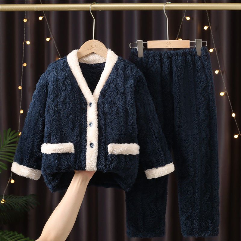 儿童法兰绒家居服冬季加厚纯色洋气两件套宝宝长毛绒保暖睡衣套装