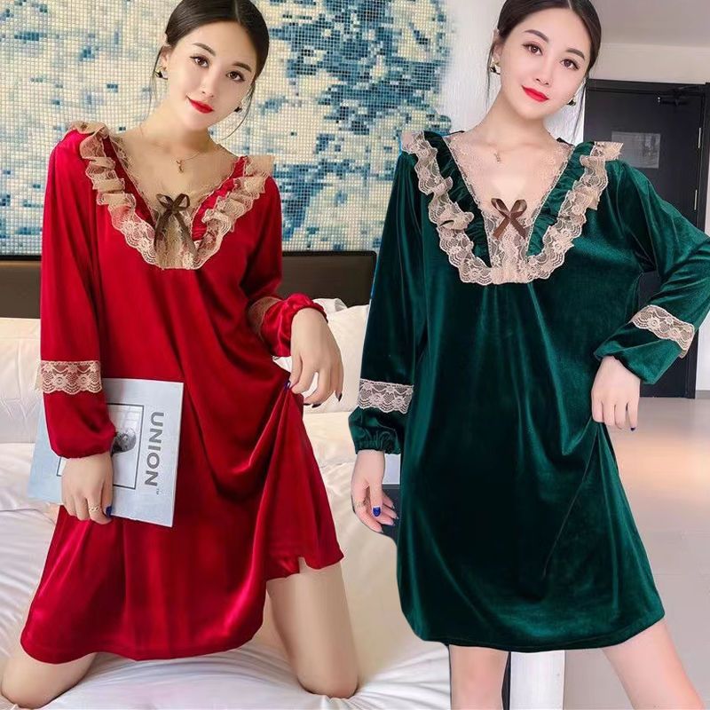 Nightdress women's autumn and winter gold velvet sexy V-neck dress long-sleeved lace pajamas women's winter mid-length luxury