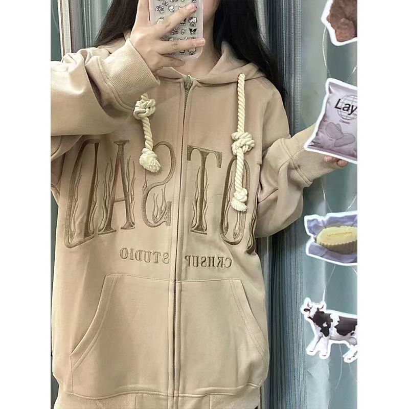 American retro street letter embroidery plus velvet thickened hooded sweatshirt for women spring and autumn new casual jacket ins trend