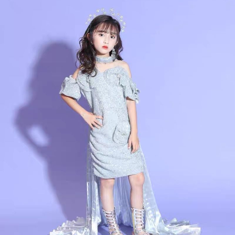 Girls' Silver Runway Show Futuristic Tech-Inspired Performance Outfit Children's Metaverse Competition Team Uniform Car_voghion.com
