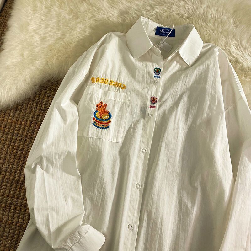 日系刺繡內搭秋冬長袖襯衫女設計感小眾春秋2023新款襯衣打底上衣