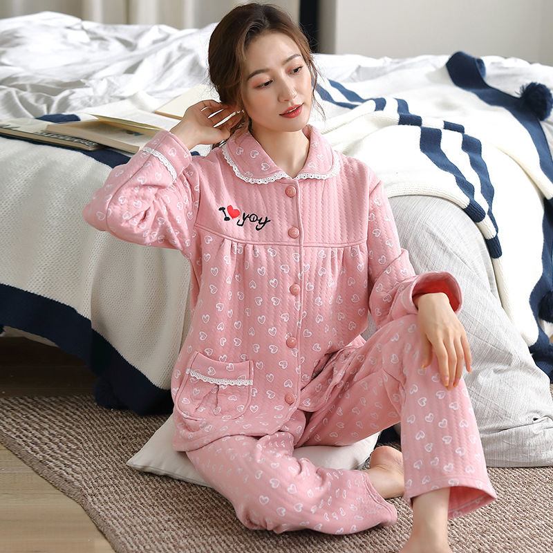 2022 new warm pajamas women's spring and autumn thick interlayer can be worn outside ladies' home clothes two-piece set