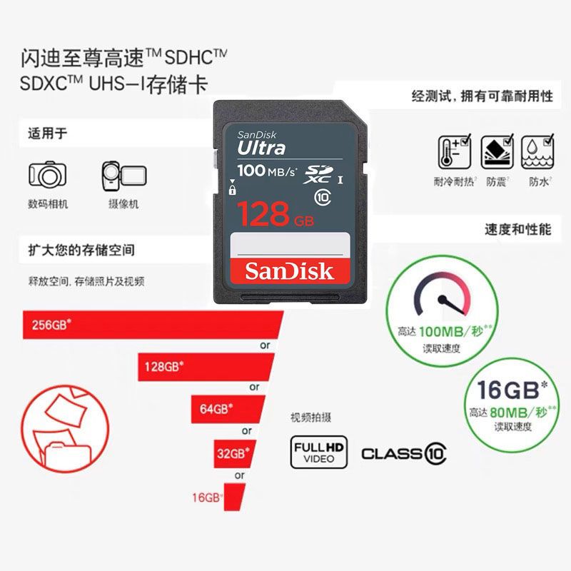 闪迪至尊高速SD卡 128G 储存卡摄像机大卡微单反数码相机内存卡 图片 5