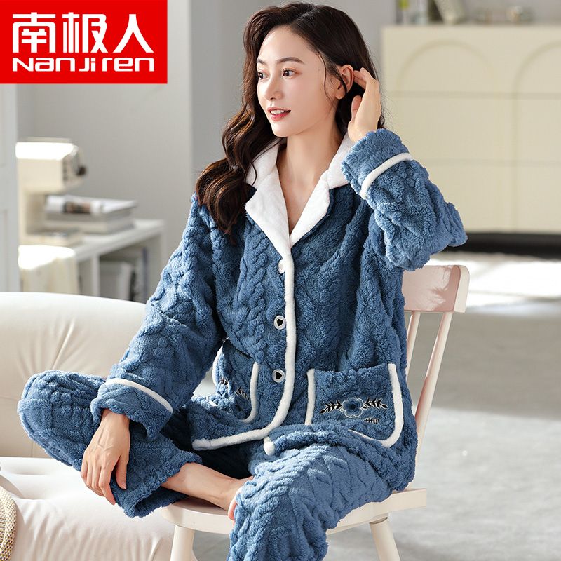 Nanjiren double-sided coral fleece pajamas women's autumn and winter thickened winter plus velvet warm flannel lapel home service