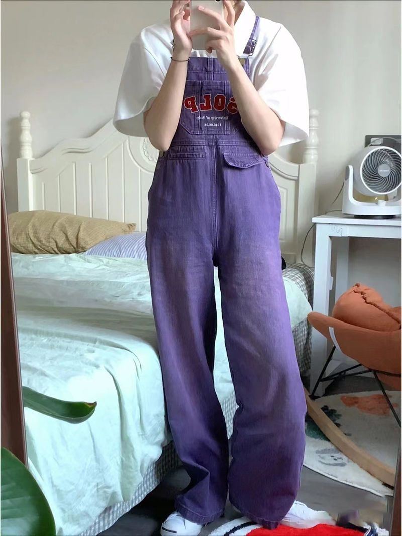 American retro purple hot girl denim overalls women's  autumn small design wide-leg jumpsuit tide