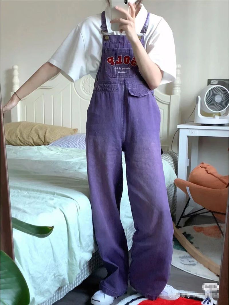 American retro purple hot girl denim overalls women's  autumn small design wide-leg jumpsuit tide