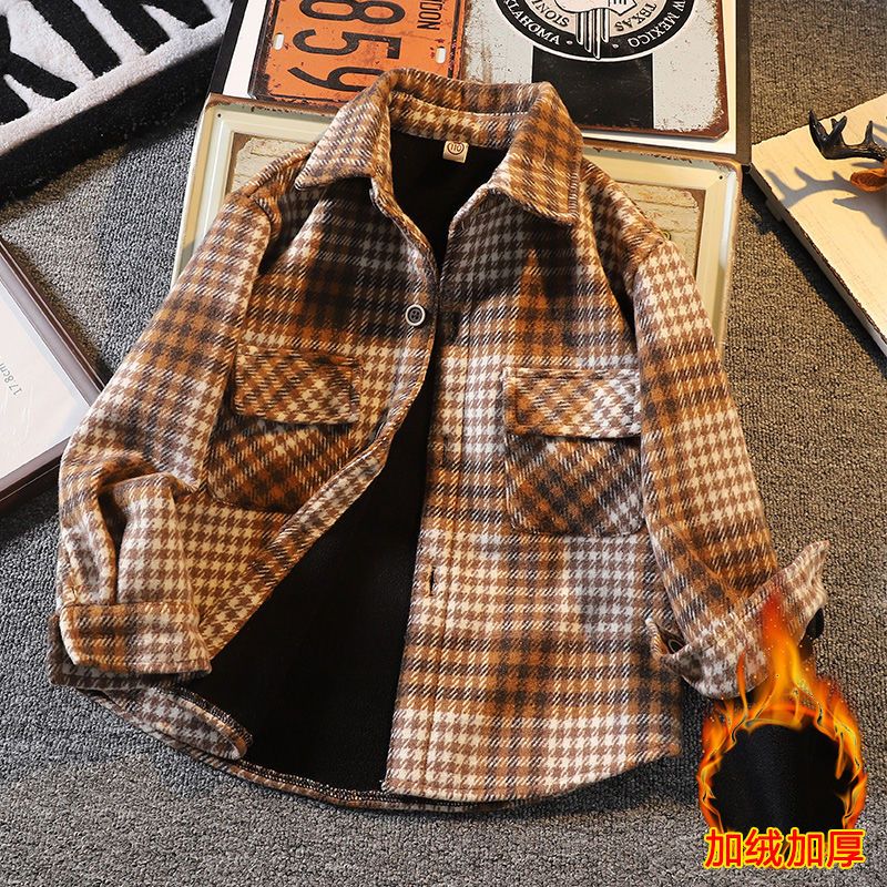 Autumn and winter boys 2022 plus velvet shirt children's thickened winter middle and big boys plus velvet warm shirt brushed plaid