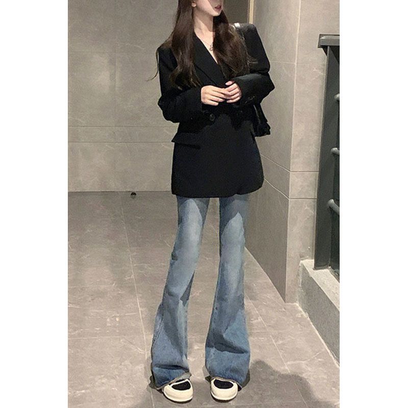 毛邊高腰微喇叭牛仔褲女2022年秋冬新款寬鬆百搭設計感加長拖地褲