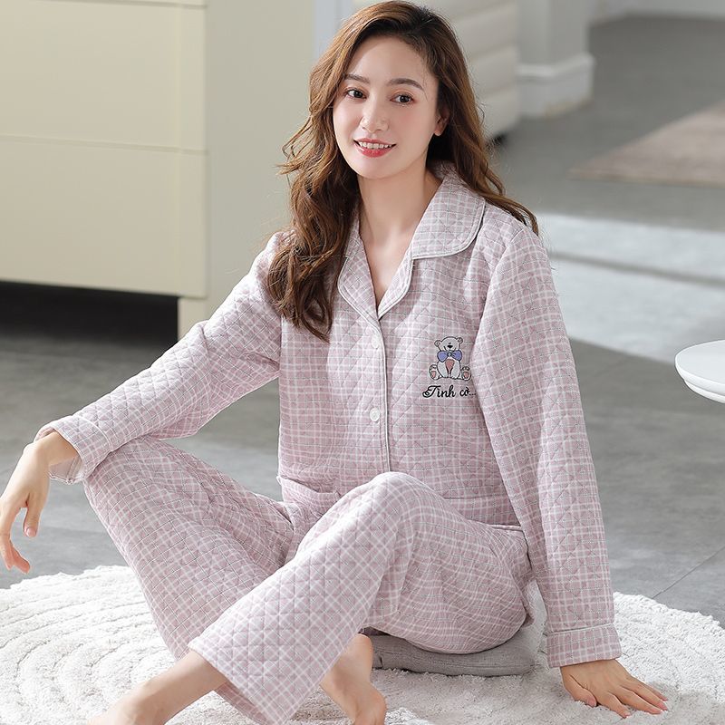 Nanjiren 100% pure cotton thickened thin interlayer high-end pajamas women's air autumn and winter style home service suit