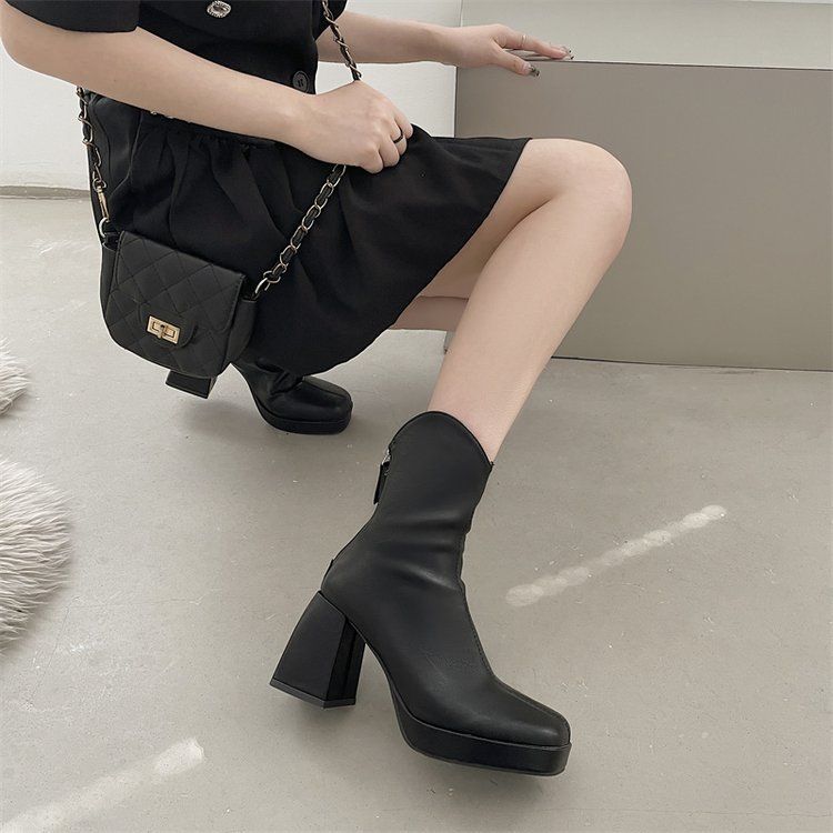 Boots, short boots, women's autumn and winter models, the back zipper does not pass the knee,  new thick heel, small and thin knight high boots