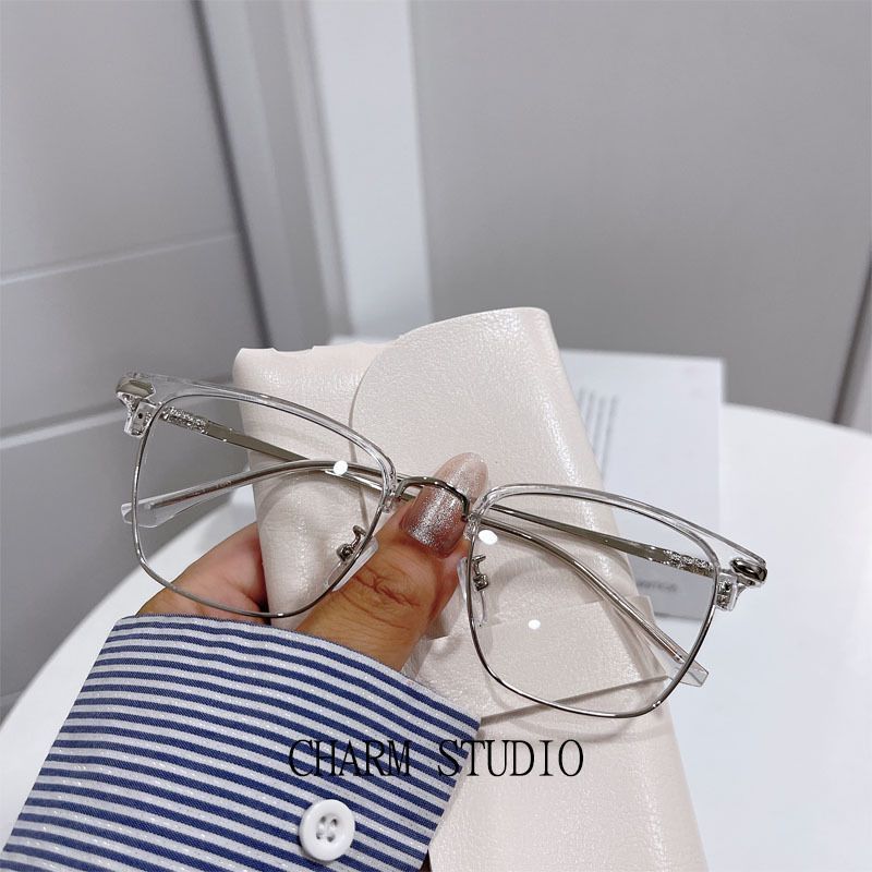 Retro half-frame glasses female myopia can be equipped with degree anti-blue light plain glasses frame frame male trendy scum