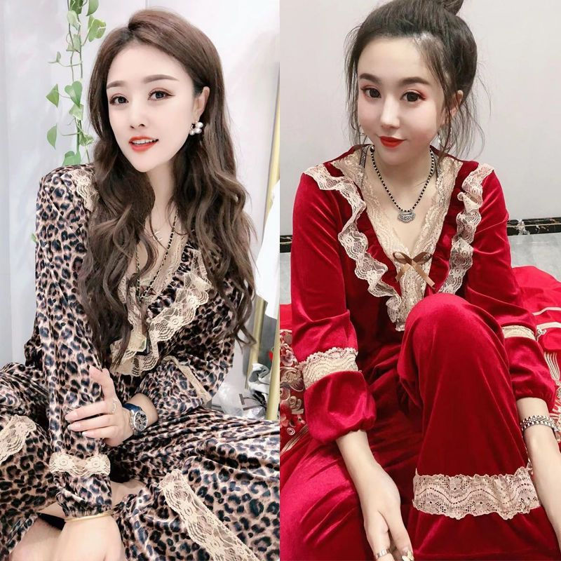 Golden velvet pajamas women's autumn and winter suit loose and comfortable Korean version can be worn outside sexy v-neck Internet celebrity hot style home service