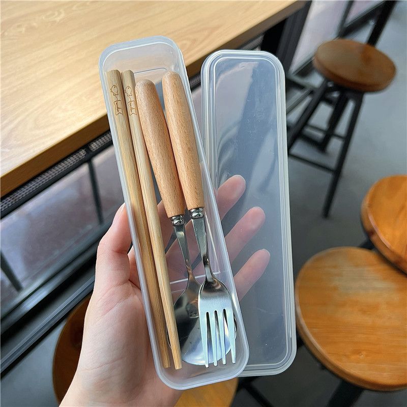 ins餐具木筷子勺子三件套装学生成人上班族户外便携式餐具收纳盒