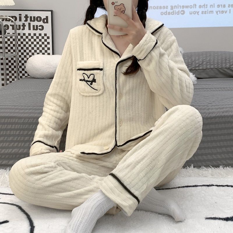 New velvet pajamas women's autumn and winter suits sweet and warm home clothes casual thick flannel simple and can be worn outside