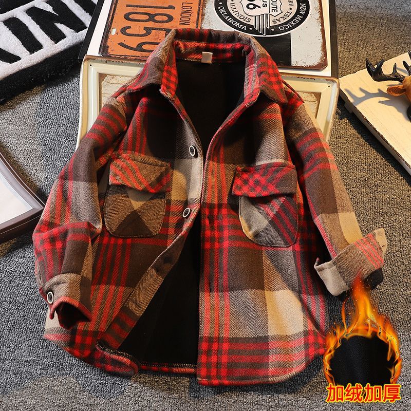 Autumn and winter boys 2022 plus velvet shirt children's thickened winter middle and big boys plus velvet warm shirt brushed plaid