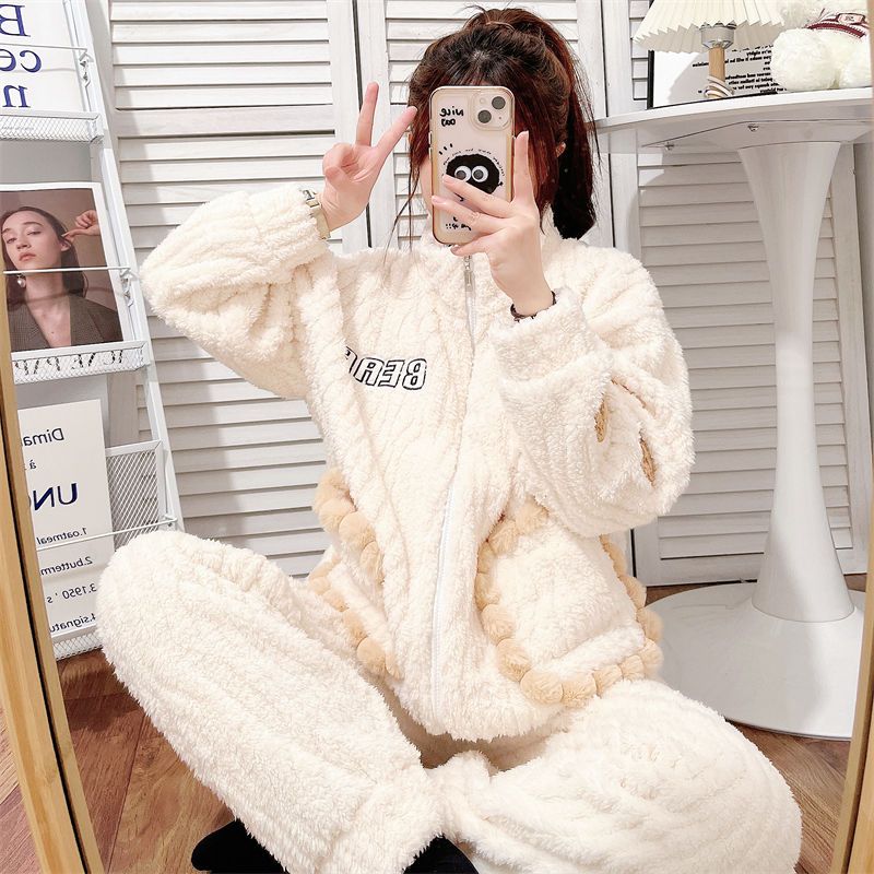Cartoon bear pajamas women plus velvet thickened flannel zipper home service suit 2022 autumn and winter coral fleece