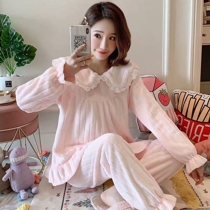 Pajamas for women winter coral velvet princess style doll collar lace flannel home clothes two-piece suit that can be worn outside