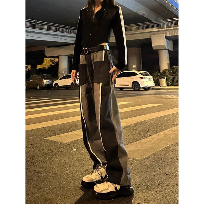 Pants Women's Autumn New American Style Retro Stitching Jeans Trousers Loose Slim High Waist Straight Wide Leg Pants Trendy