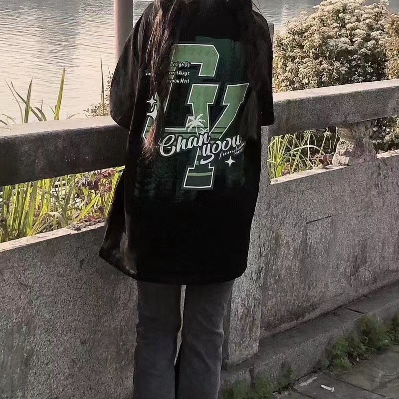 100%純棉美式短袖t恤女2022夏季新款學生韓版寬鬆洋氣上衣服ins潮