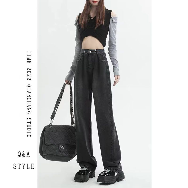 YSYOURS可調節闊腿牛仔褲女春秋高腰寬鬆直筒顯瘦大碼垂感拖地褲