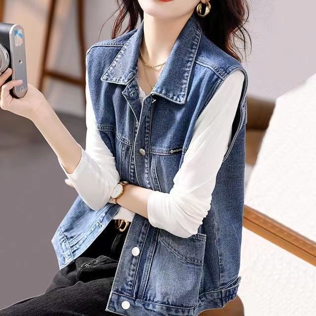 Foreign trade big-name clearance pick-up counters withdraw clearance tail single women's tooling pockets age-reducing denim vest jacket