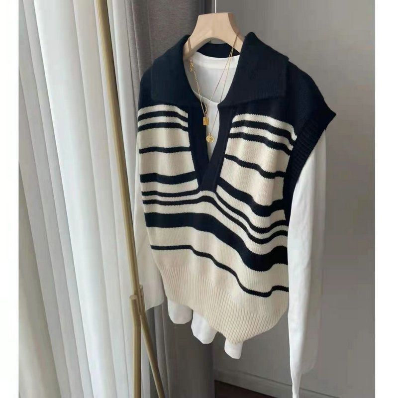 Autumn new polo collar lapel color contrast striped sleeveless knitted French vest vest women's college wind top