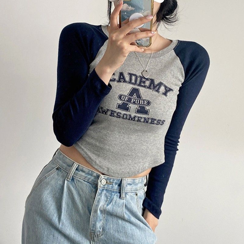 American design sense short tight hot girl t-shirt female student long sleeve high waist cropped autumn clothes all-match bottoming top