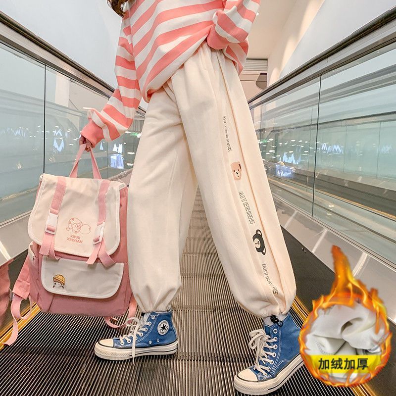 女童秋冬款兒童冬天褲子休閒衛褲中大女童加絨加厚寬鬆運動束腳褲