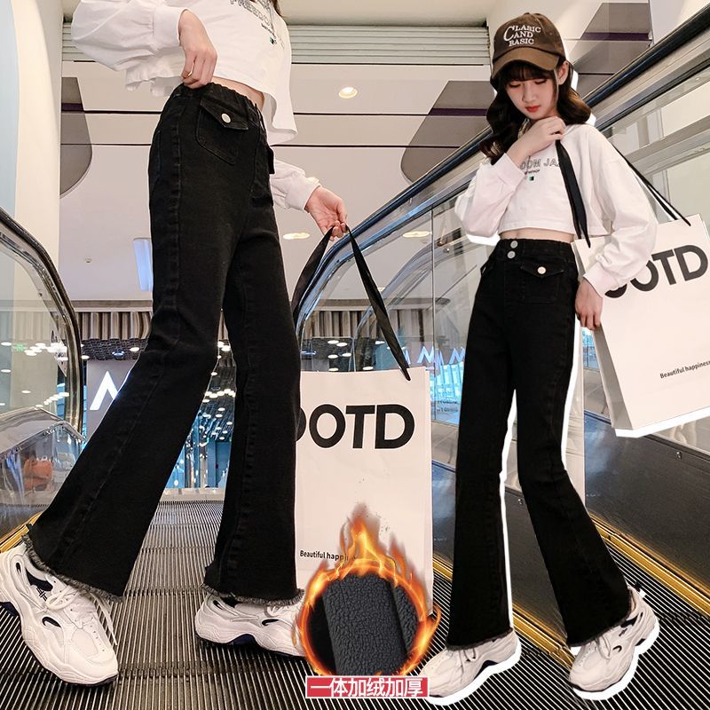 女童牛仔褲秋冬新款中大童洋氣高腰加絨加厚長褲兒童一體絨喇叭褲
