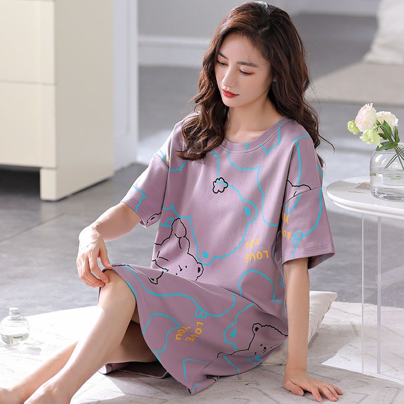 Cotton nightdress women's summer short-sleeved over-the-knee long skirt plus fat plus size fat mm loose pregnant women's confinement pajamas summer
